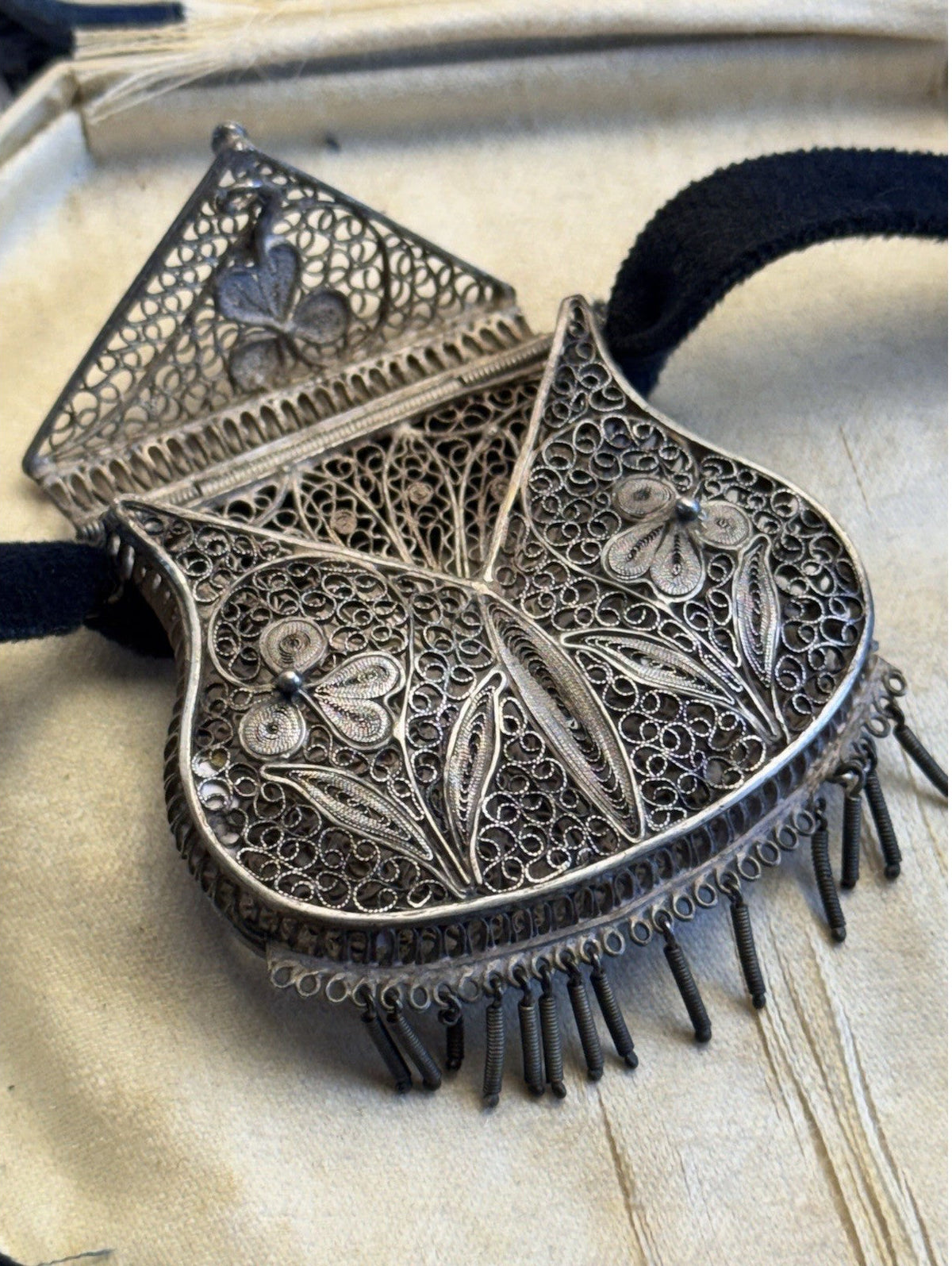 Silvertone Chatelaine Coin Purse Cannetille Filigree Floral Velvet Ribbon