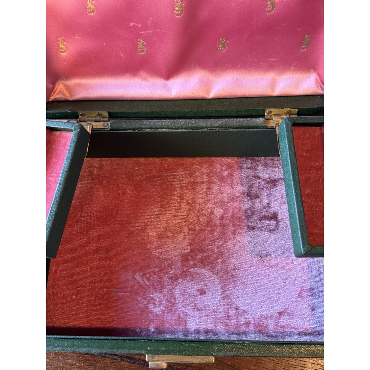 Vintage Green Jewelry Box Gold Scrollwork Pink Velvet Swing Trays 10.25”