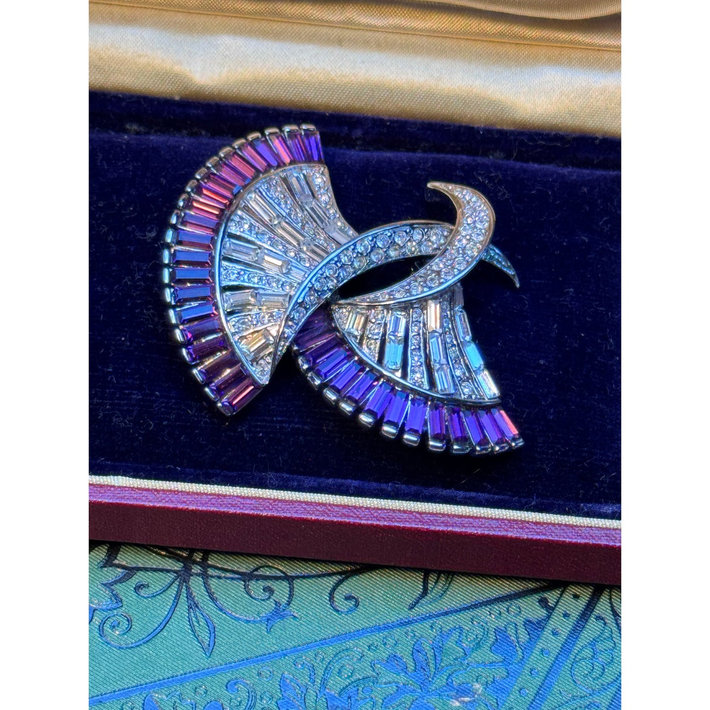 Vintage Blue Rhinestone Brooch Floral Ribbon Bow Statement