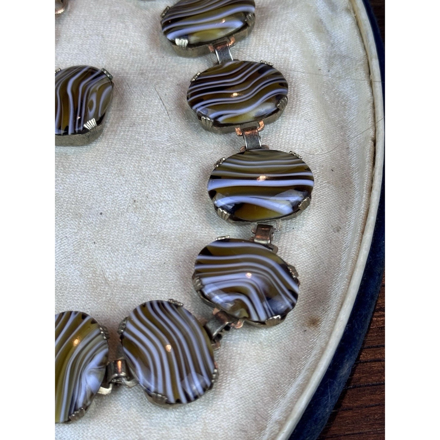 Vintage Goldtone Lucite Faux “Banded Agate” Necklace 16” Oval Panel Statement