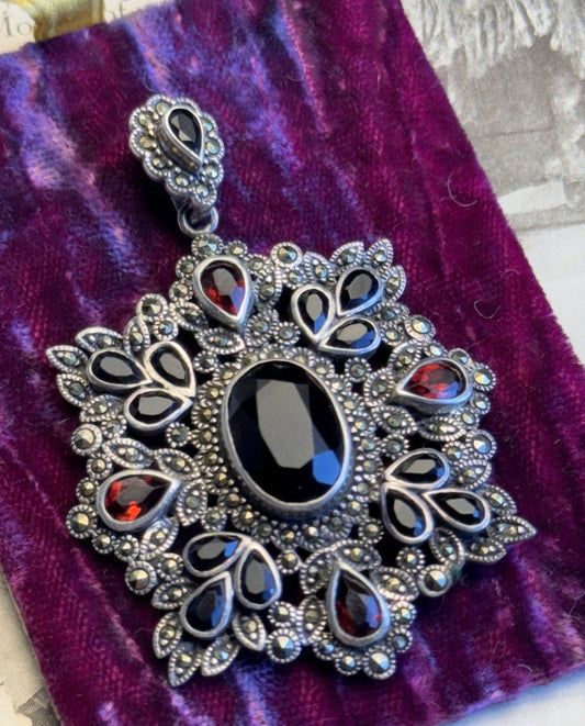 Sterling Silver Pendant Garnet Black Stones Marcasite Victorian Revival 2.25”
