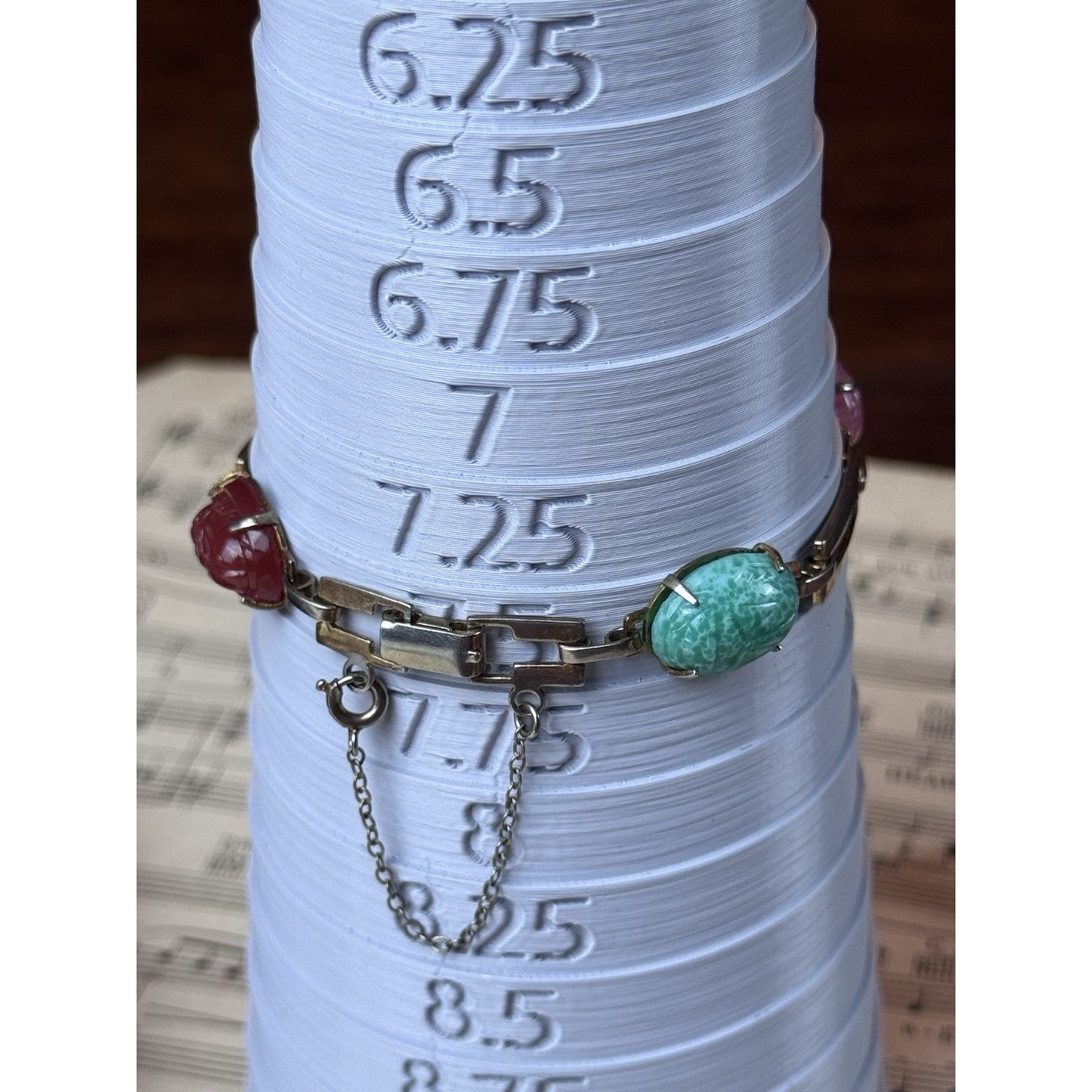 Vintage Silvertone Glass Scarab Bracelet Egyptian Revival 7.5” Pink Green Blue