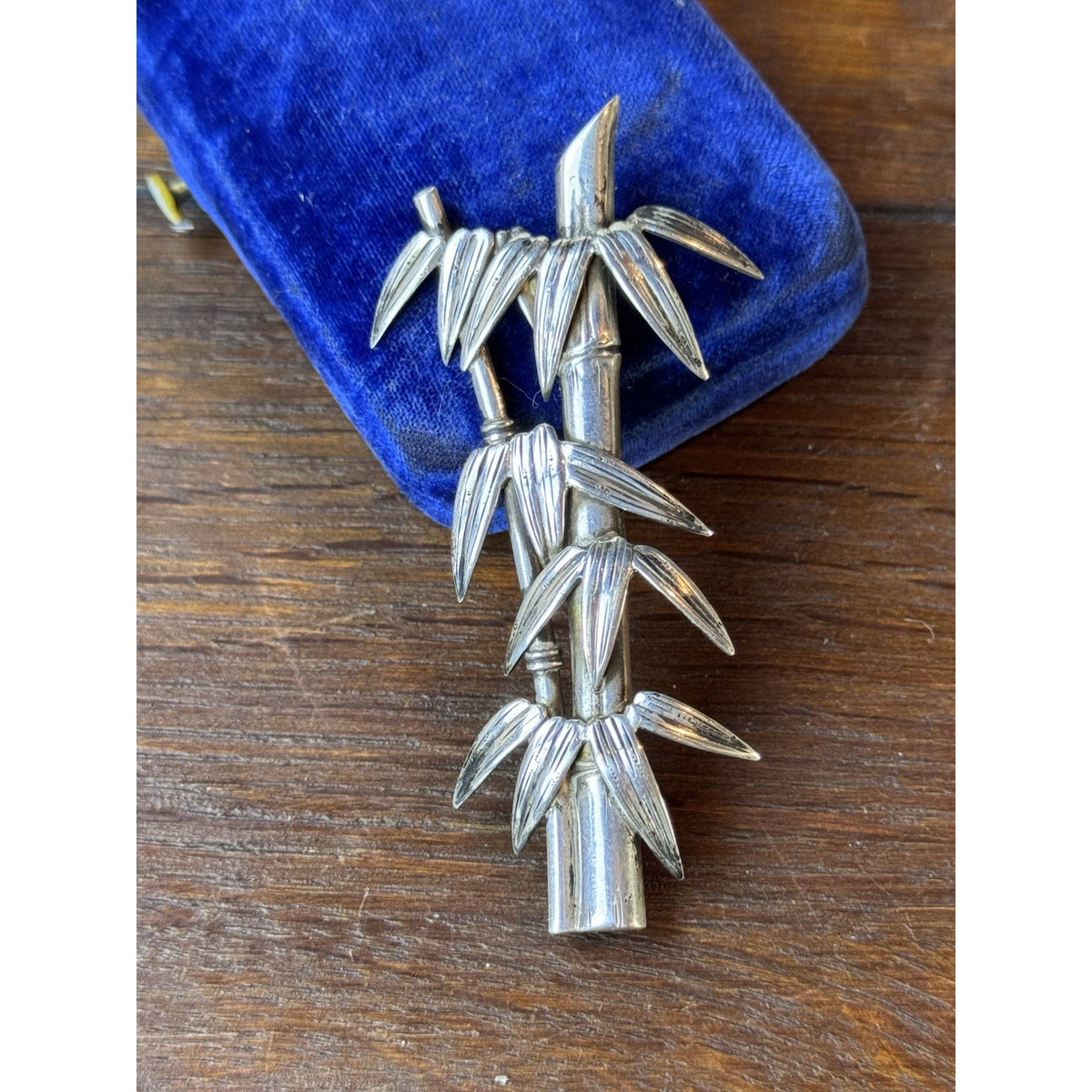 Vintage Sterling Silver Bamboo Brooch 3” Figural Nature Trombone Clasp