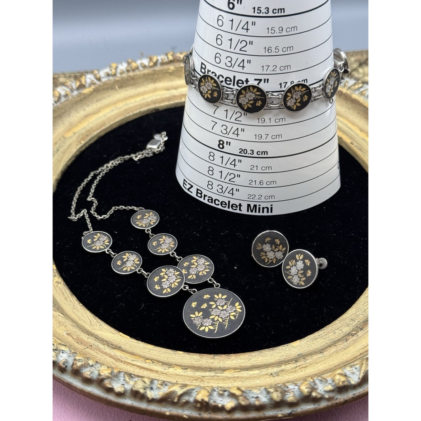 Japanese Damascene Necklace Set Silver Bracelet Earrings Floral Vintage