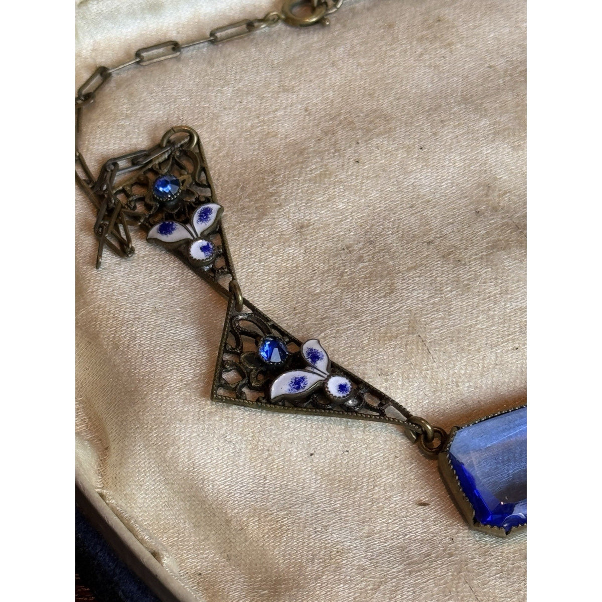 Antique Czech Necklace Blue Glass Enamel Brass Filigree Art Deco 15.5” L