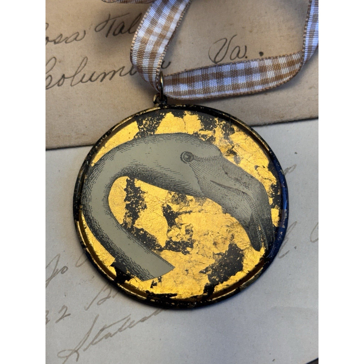 Lucite Flamingo Head Pendant Ornament Gold Foil Black Vintage 2.25