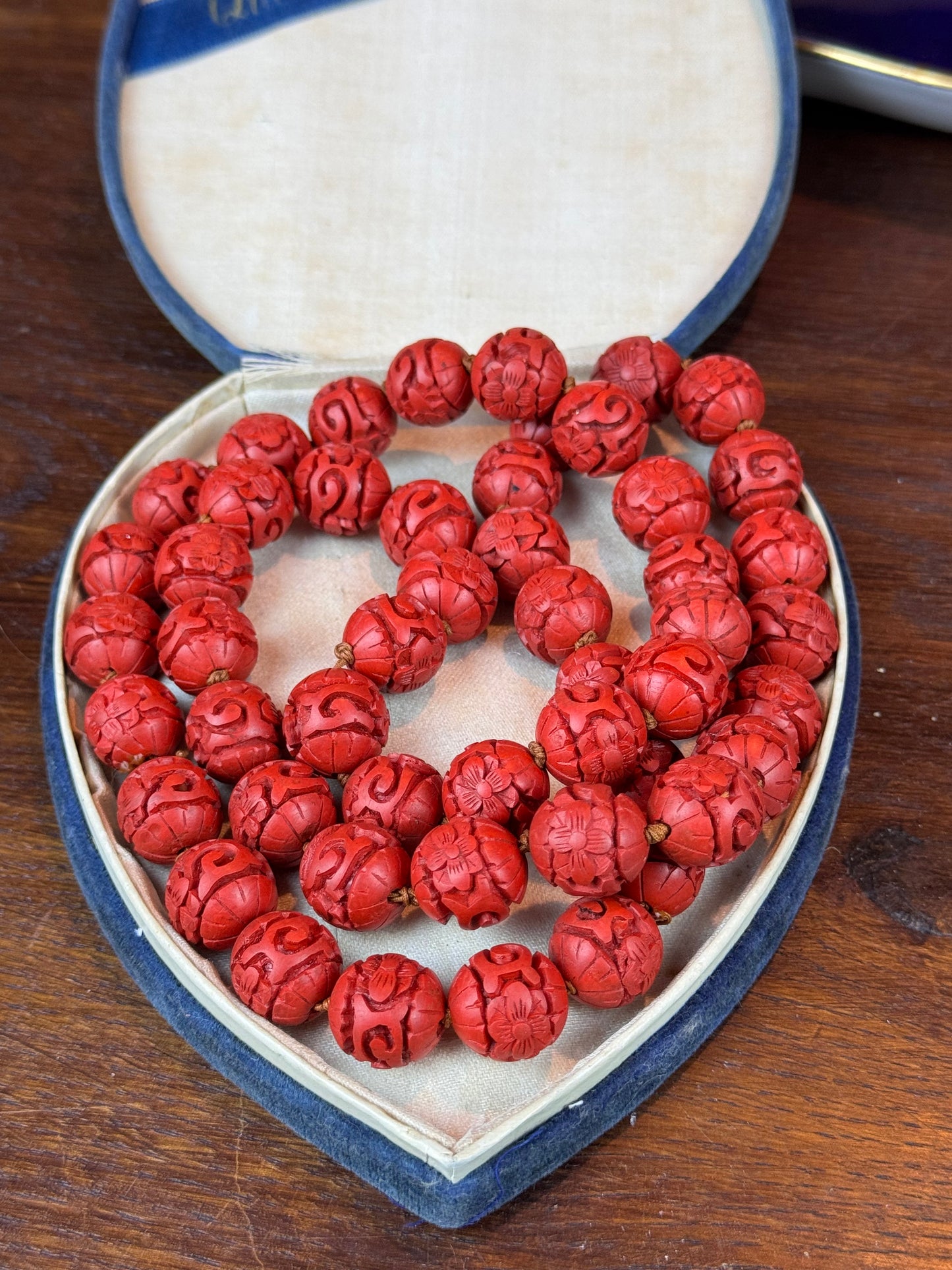 Vintage Cinnabar Necklace Carved Knotted Beads Chinese Style Long 30”