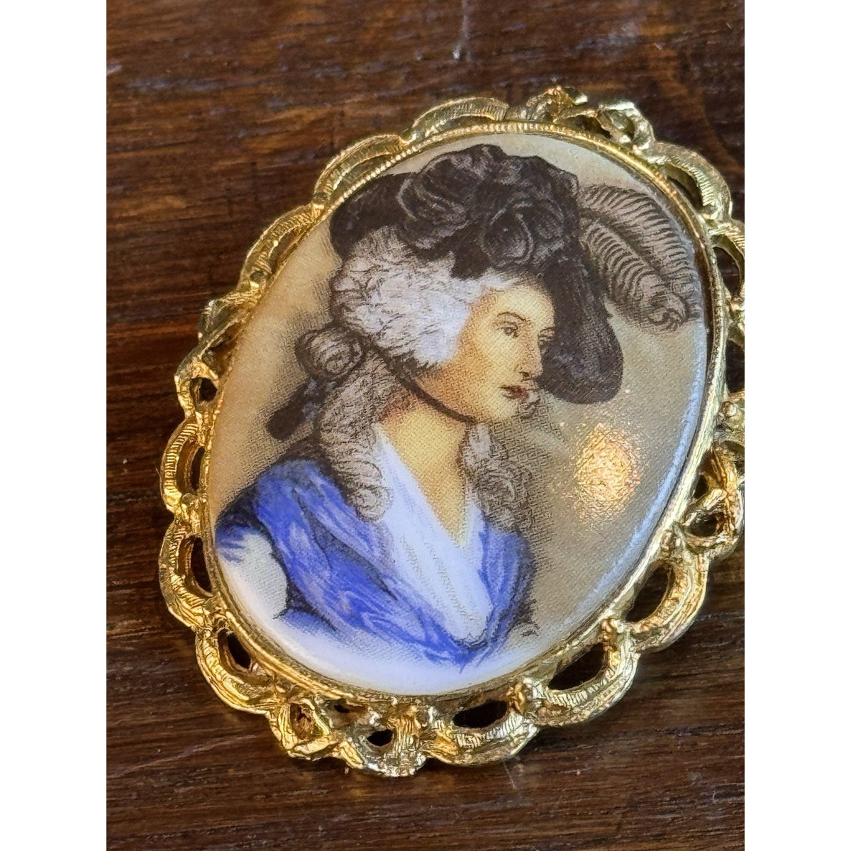 Lady Portrait Brooch VINTAGE Blue Dress Feather Hat Goldtone Oval Frame 2”