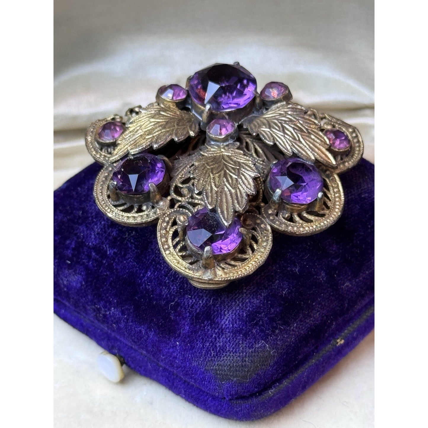 Antique Dress Clip Czech Style Purple Paste Goldtone Filigree Leaf Jewelry 1.75”