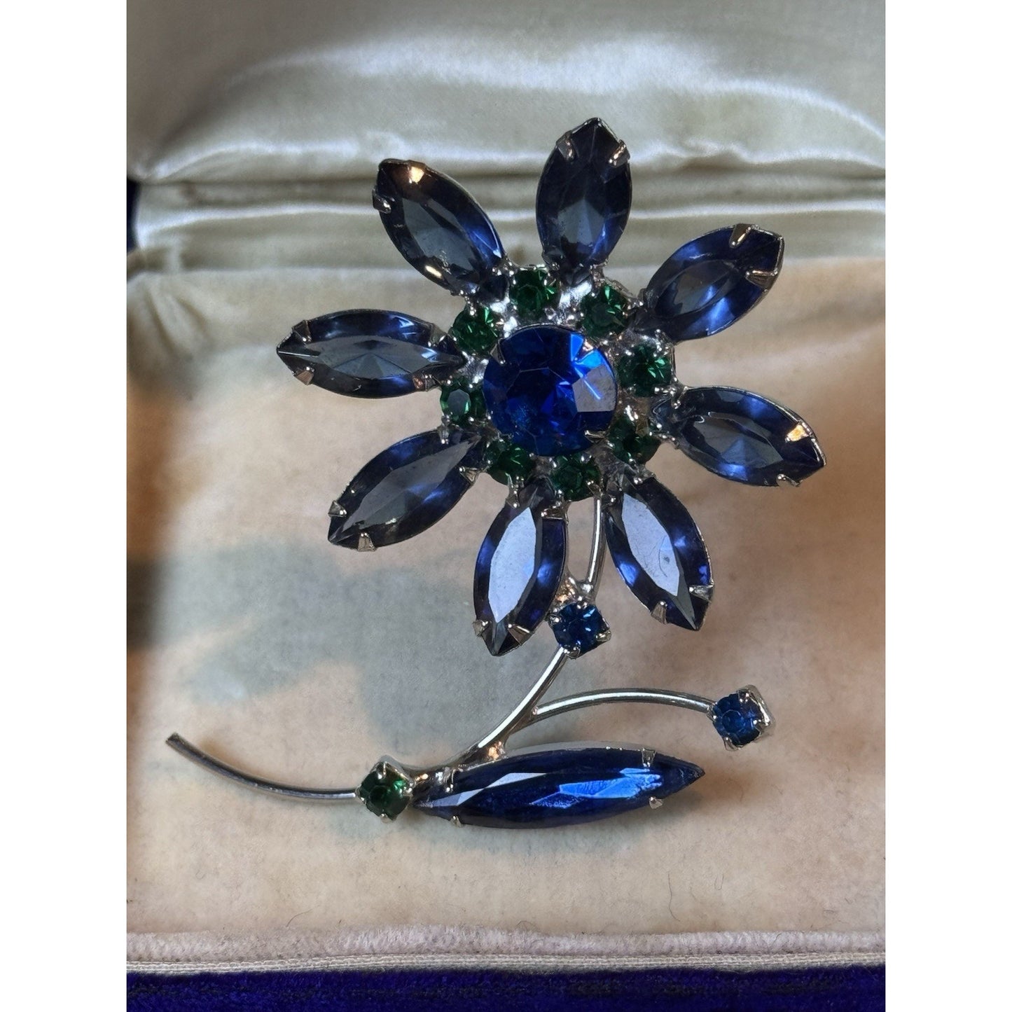 Vintage Blue & Green Rhinestone Flower Brooch Silver Tone Floral Pin 2.5”