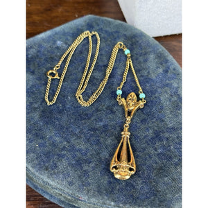 Vintage ART Lavalier Necklace Goldtone Turquoise Blue Beads 16” Signed Pendant