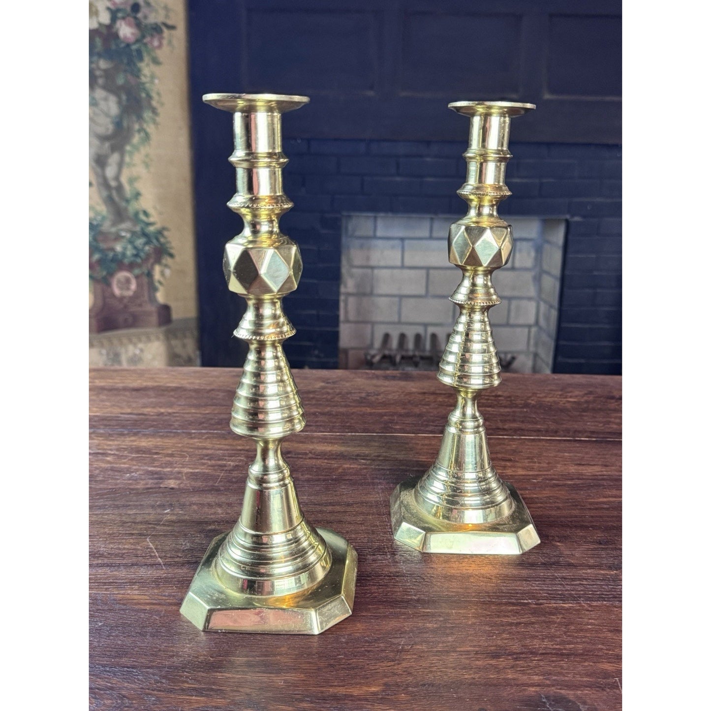 Brass Victorian Style Beehive Candlesticks Push-Up Made in England 11.5” Pair