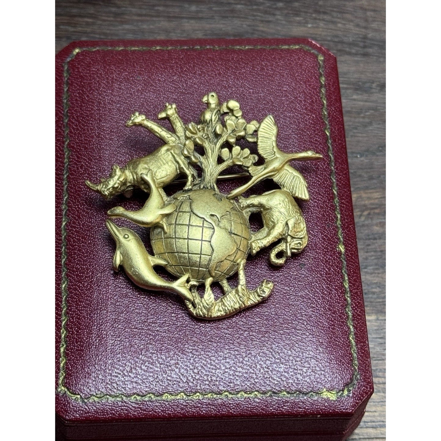 Vintage Brooch AJC Animal Kingdom Globe Goldtone World Wildlife