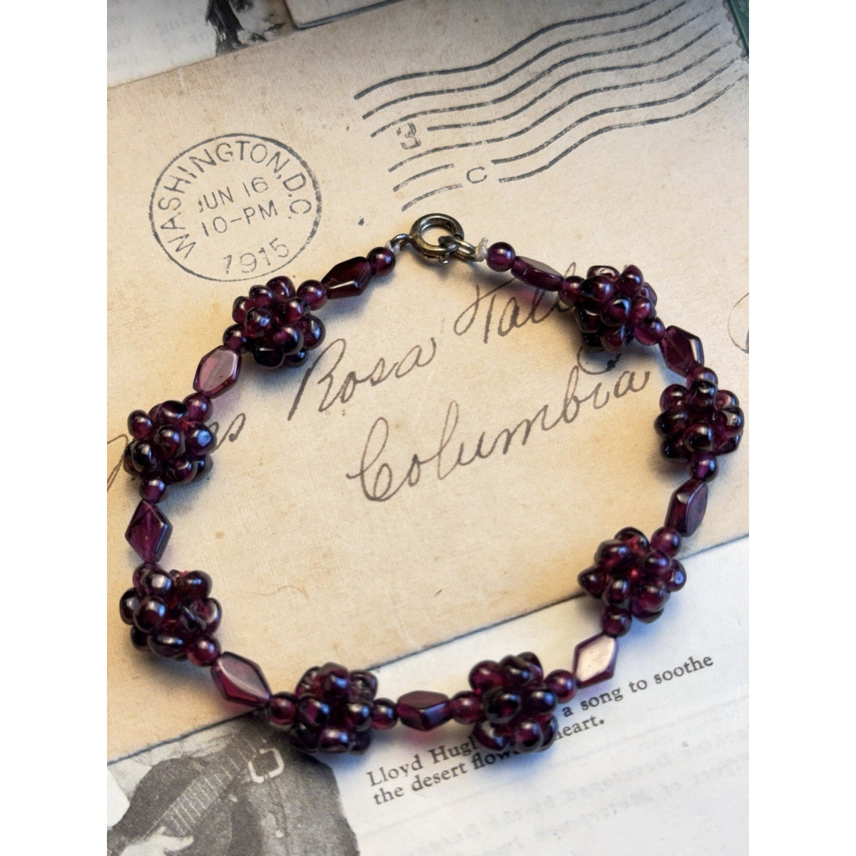 Garnet Bead Bracelet Flower Clusters Deep Red Shaped Beads 6.75”
