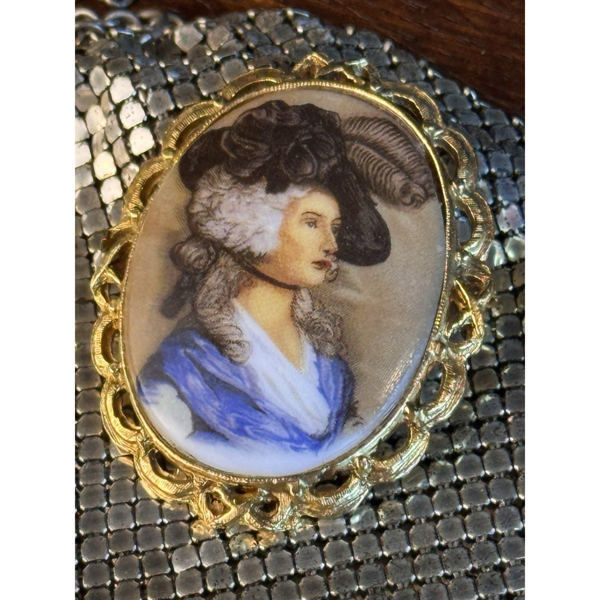 Lady Portrait Brooch VINTAGE Blue Dress Feather Hat Goldtone Oval Frame 2”