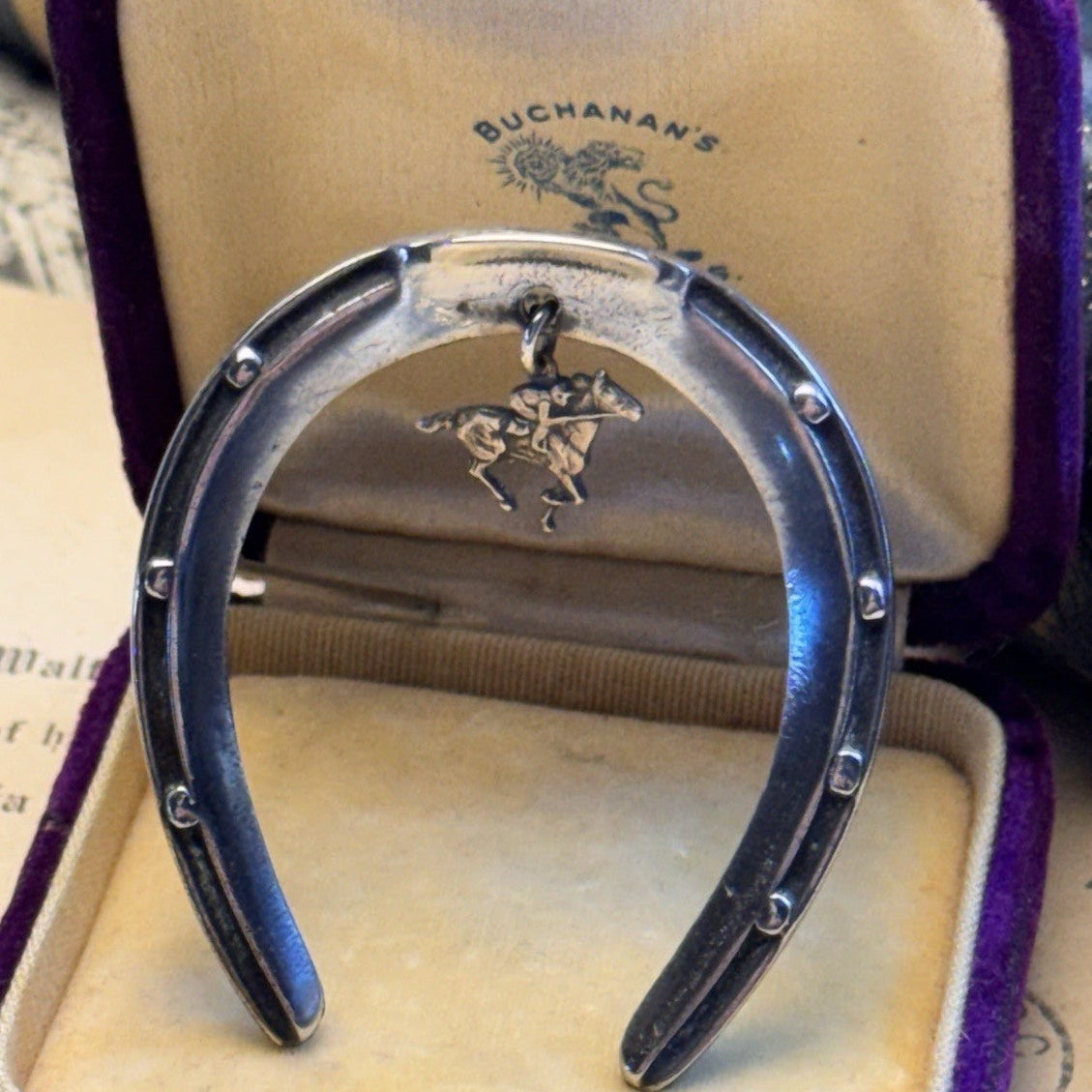 Sterling Brooch Horseshoe Horse Jockey Dangle Equestrian Racing Vintage 2”