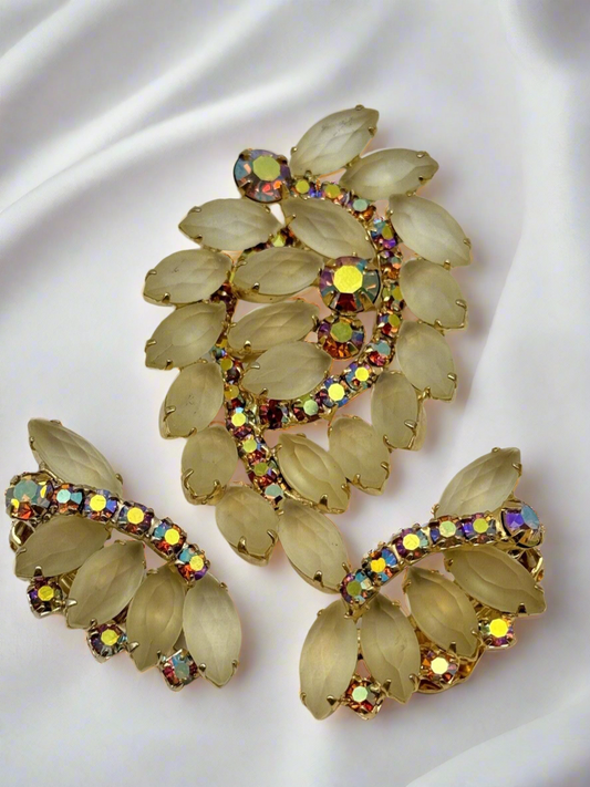 Vintage JULIANA Style Brooch + Earrings Frosted Faceted Rhinestones AB Accents