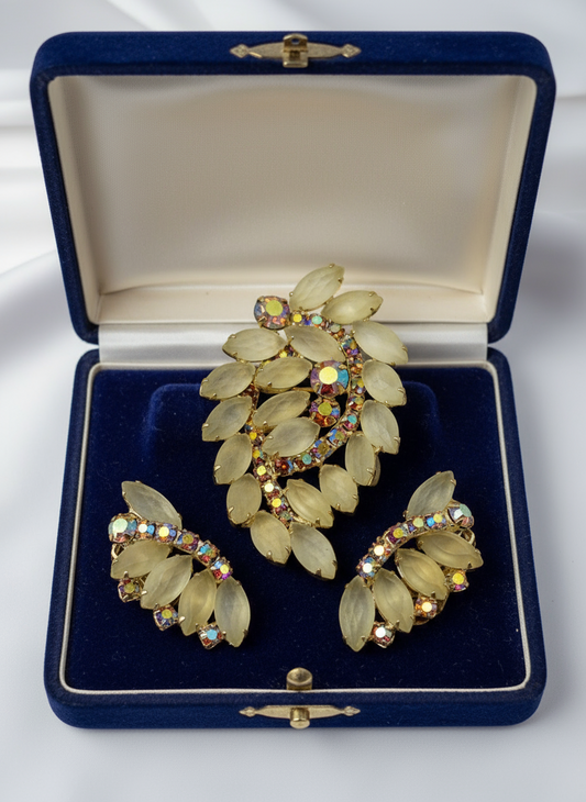 Vintage JULIANA Style Brooch + Earrings Frosted Faceted Rhinestones AB Accents