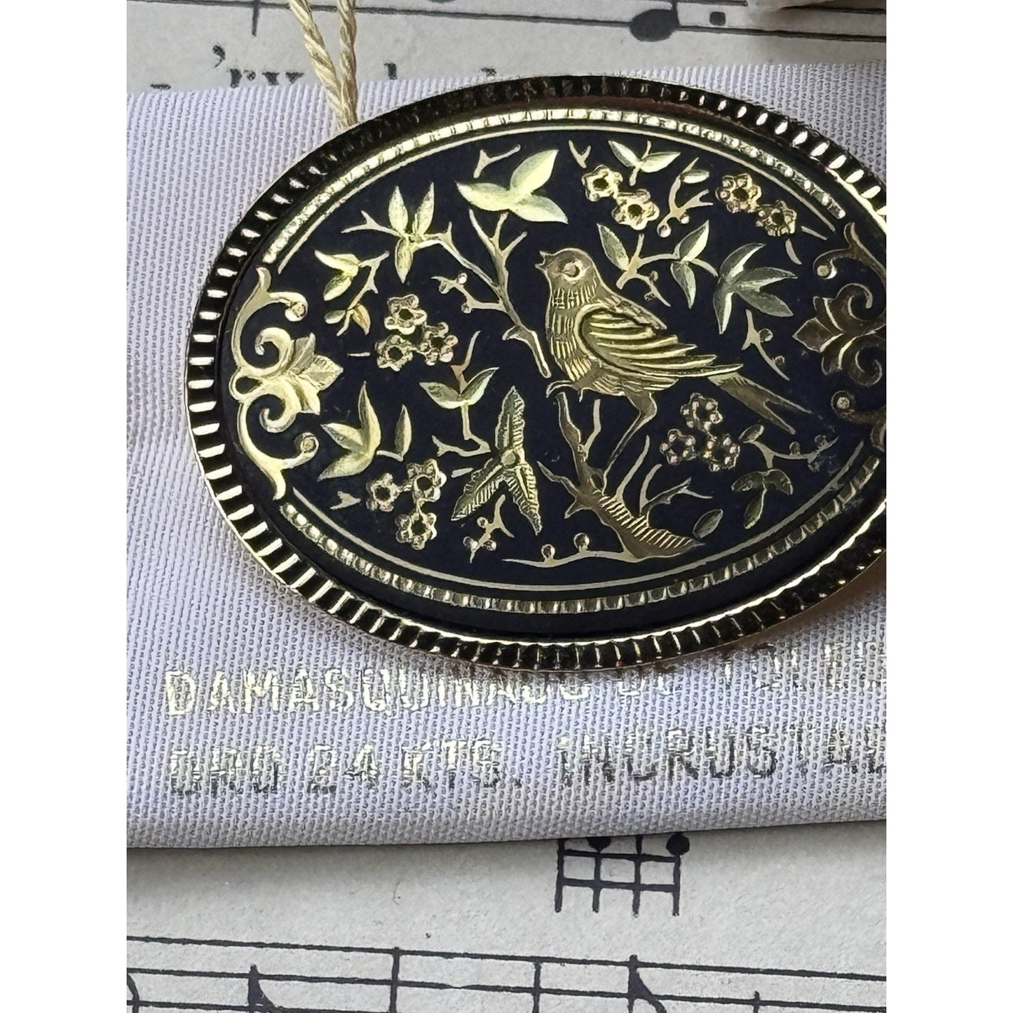 Toledo Damascene Bird Brooch 24K 18K Gold Inlay Spain 1.5”