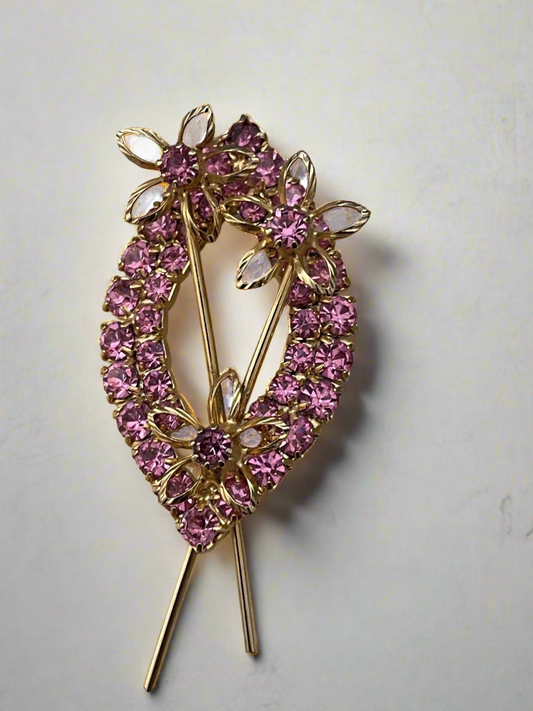 Pink Rhinestone Brooch Gold Tone With Floral Accent Vintage MCM