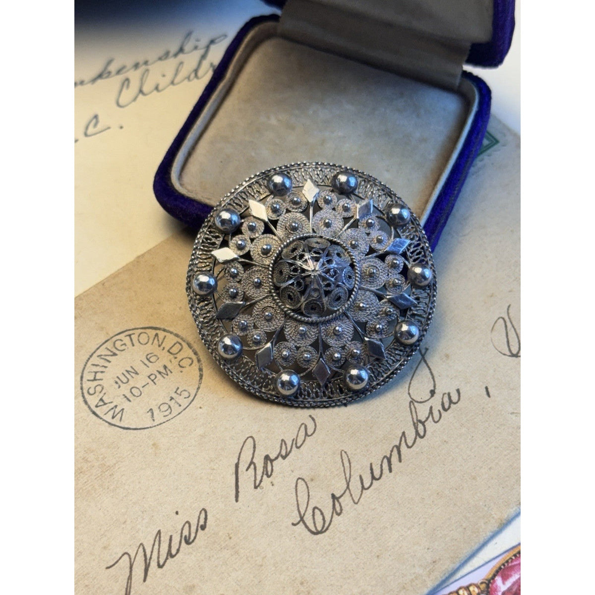 990 Silver Cannetille Filigree Brooch Antique Style Round Statement Pin 1.75"