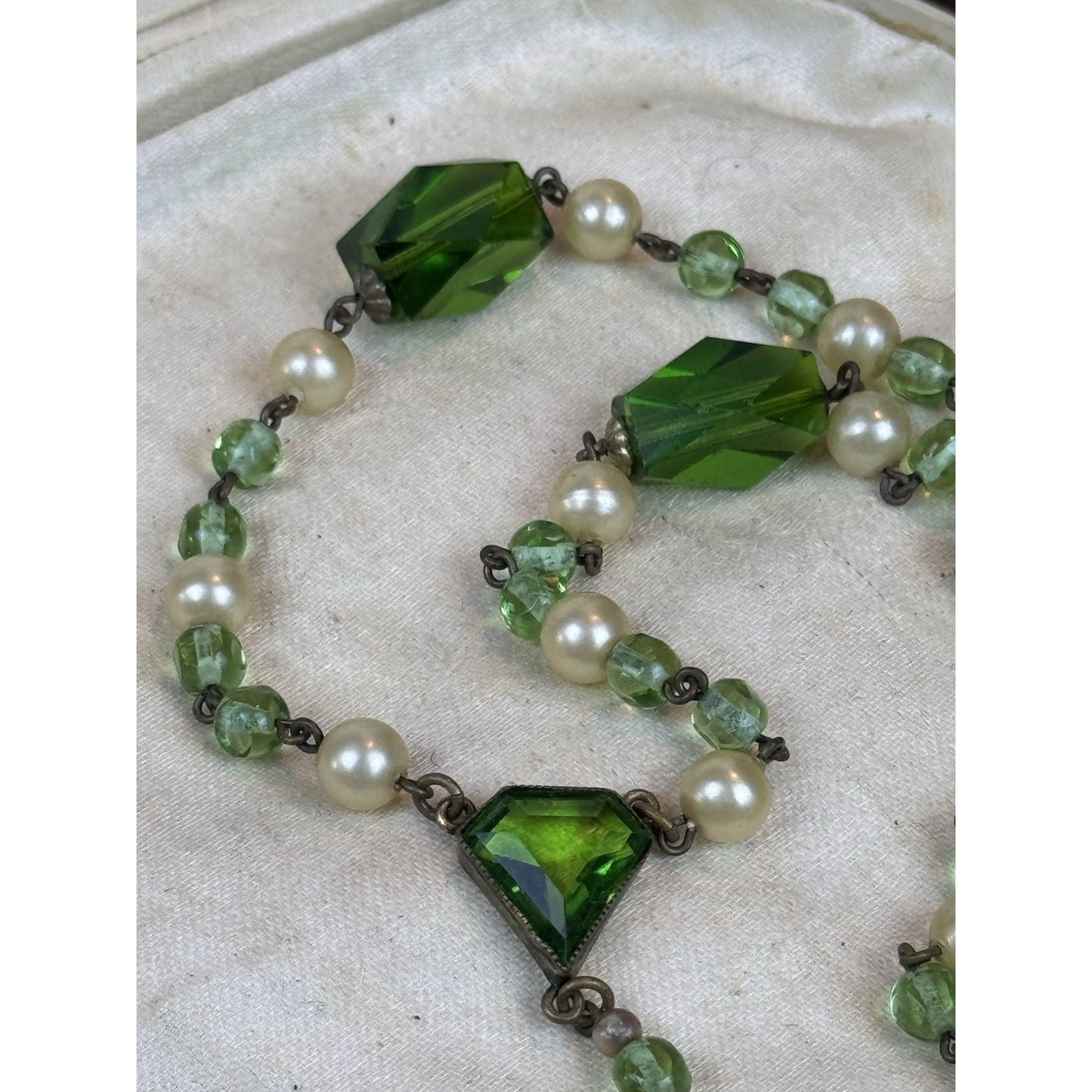 Vintage Czech Style Glass Necklace Green Crystal Faux Pearl Lavalier 17”