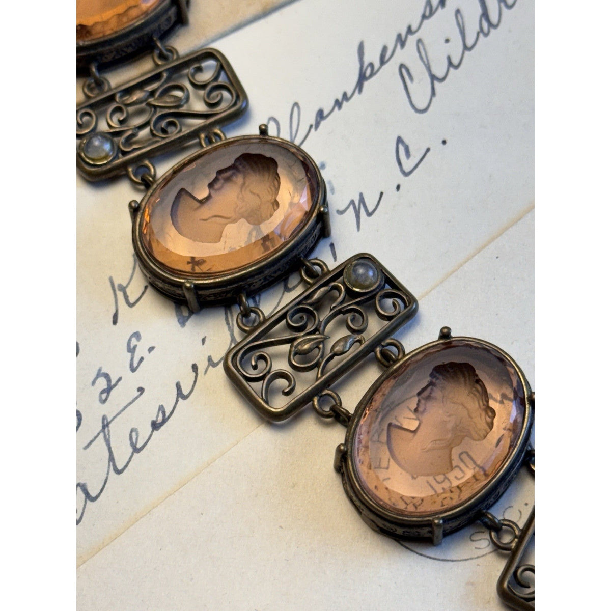 Pre-Owned Extasia Bracelet Pink Glass Intaglio Cameo Victorian Revival Filigree