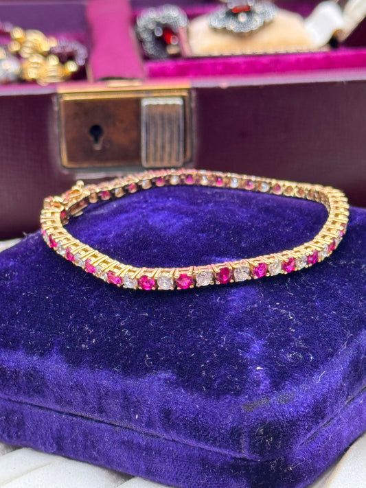 Vintage Tennis Bracelet Pink Clear Stones 925 Gold Vermeil 6.75”