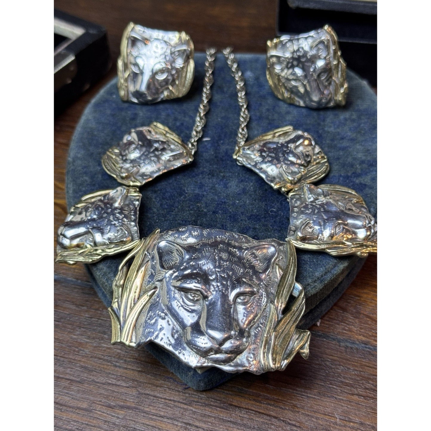 Sterling 925 Leopard Necklace Earrings Set Panther Big Cat Artisan Statement