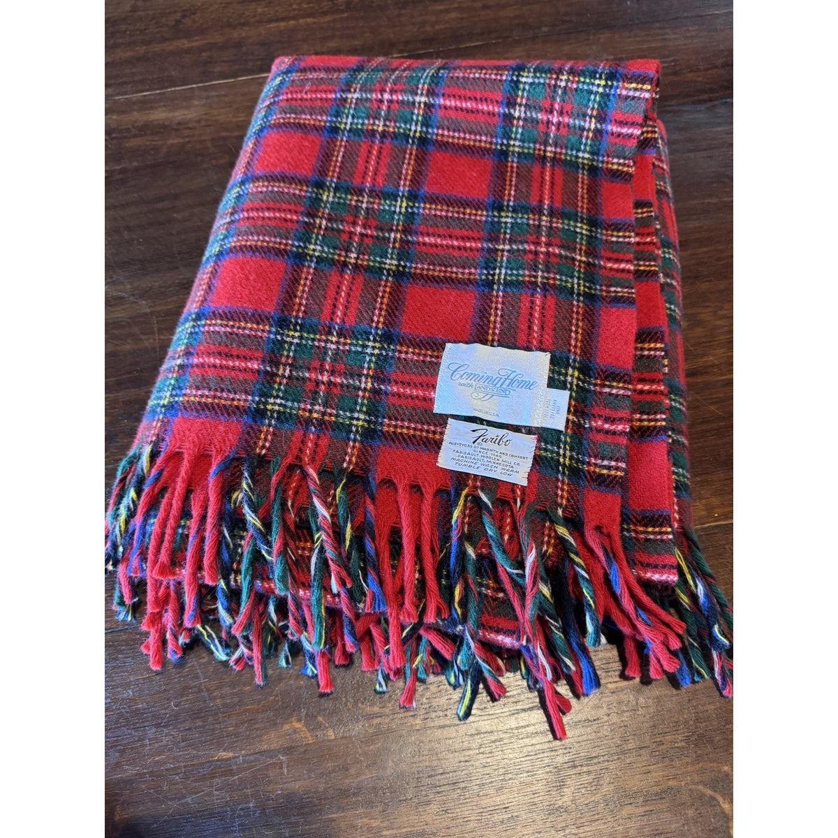 Pure Wool Plaid Throw Blanket Faribo Lands End Red Tartan Fringe 66” X 52” Vintage