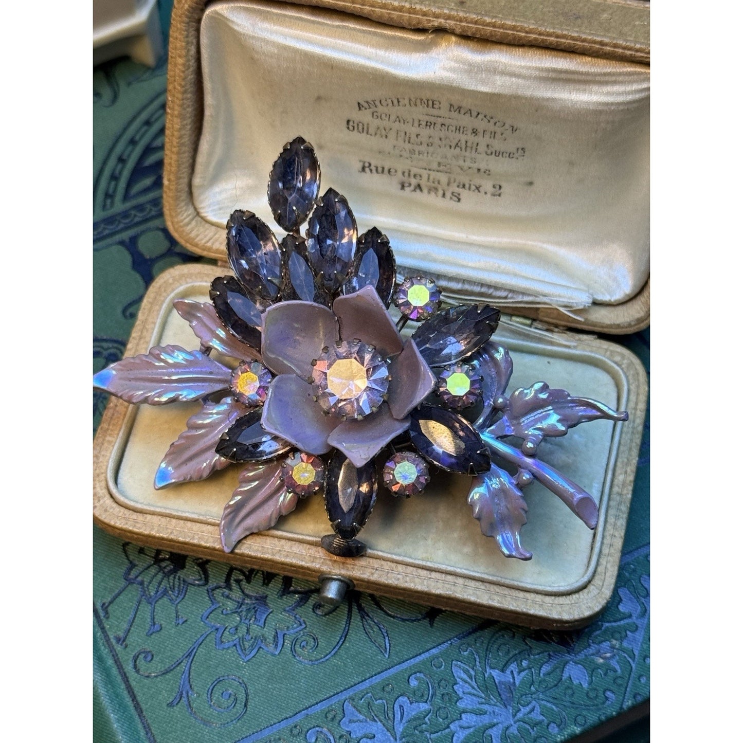 Vintage Lilac Enamel Floral Spray Brooch Smoky Lavender Rhinestones 3”