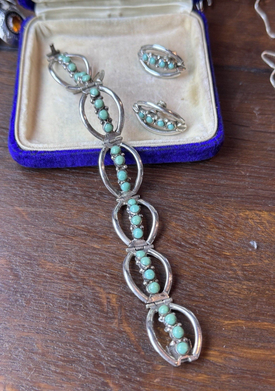 925 Bracelet Earrings Set Sterling Silver Green Cabochons Handmade ARTISAN