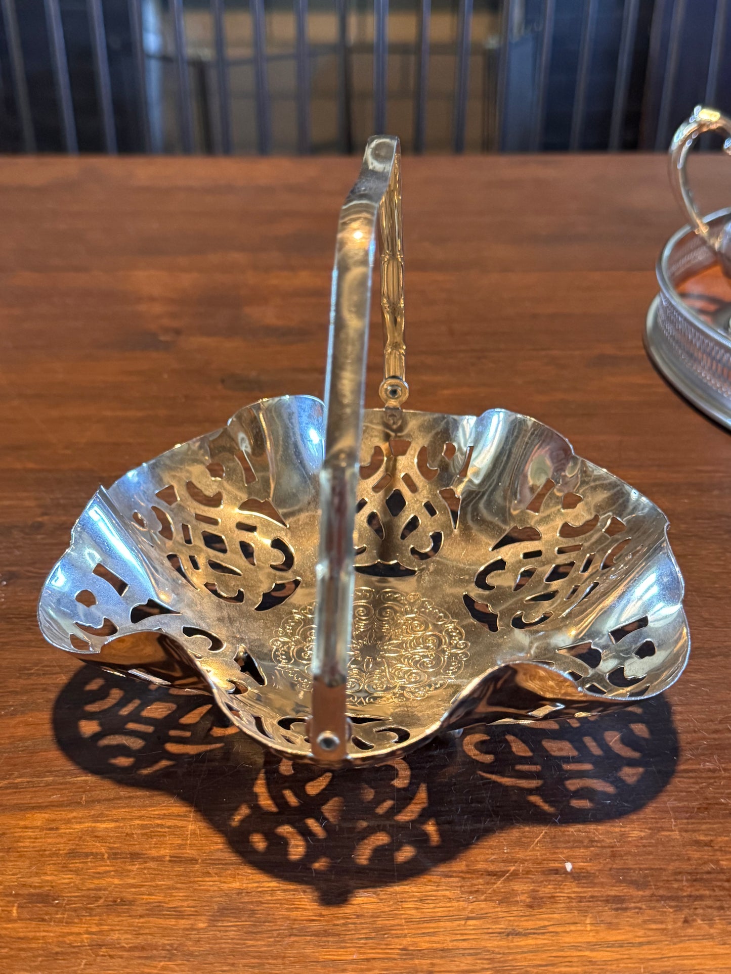 Silver Plate 
Basket Reticulated Chrome Handle 7.5” Vintage