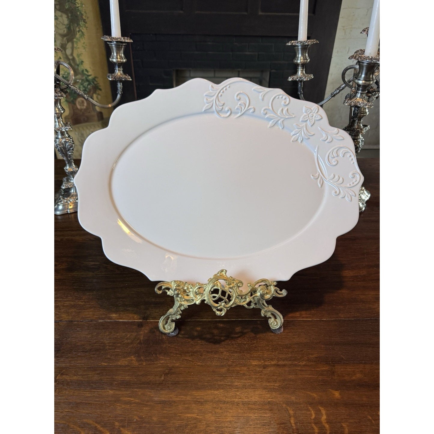 White Ceramic Serving Platter SERIAT Portugal Scalloped Floral 19.25”
