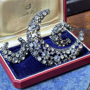 Vintage Rhinestone Crescent Moon Brooch Earrings Set Gray Clear Clip-On 3 Pc