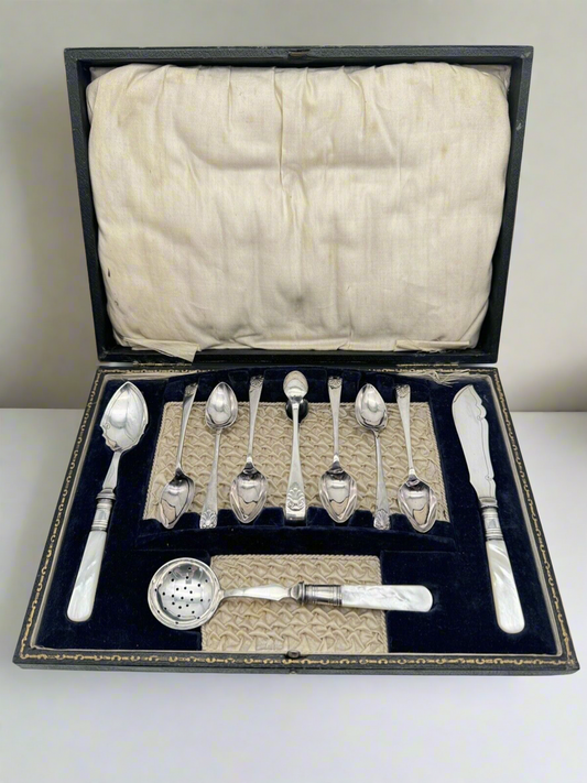 Antique SHEFFIELD Afternoon Tea Silverware Set Boxed English Silverplate MOP