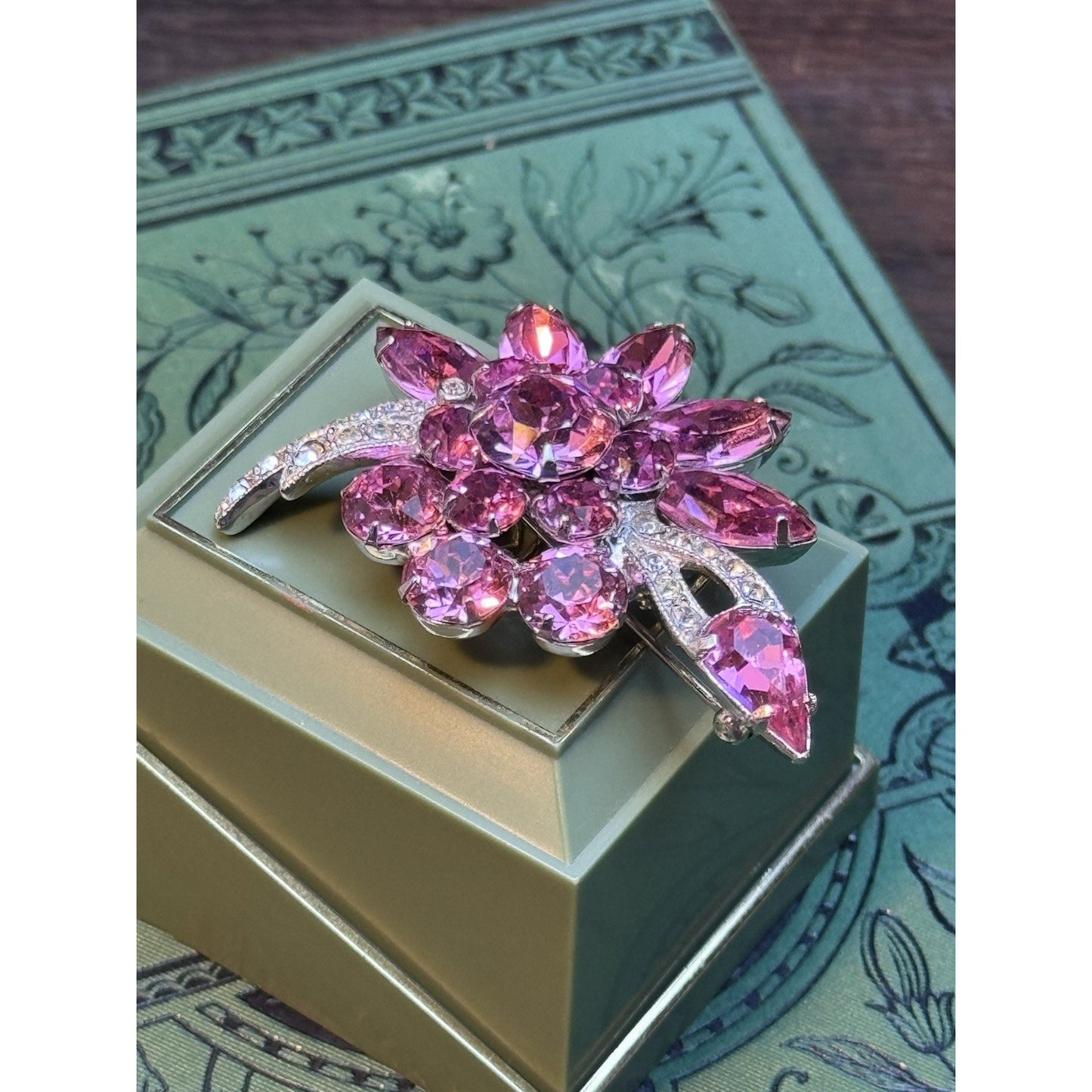 Eisenberg Ice Pink Rhinestone Floral Brooch Silver Tone Vintage Signed 2.5”