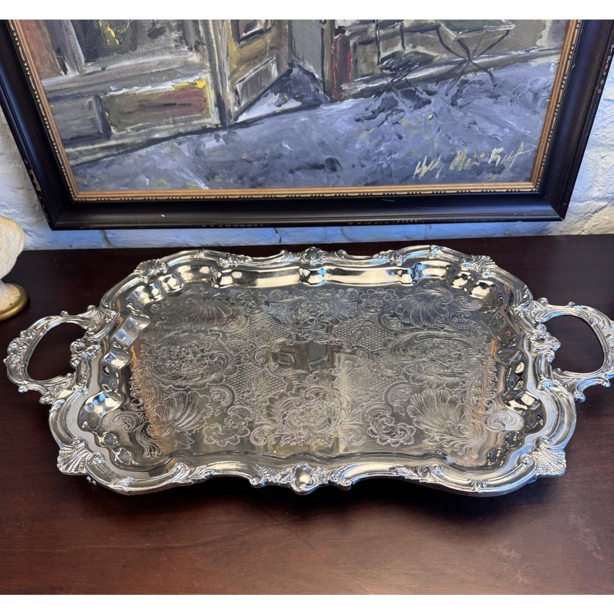 Silverplate Serving Tray Large Footed Serpentine Handled Shell Chased VINTAGE