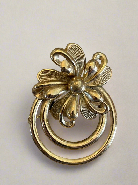 Vintage Goldtone Flower With Rings Brooch