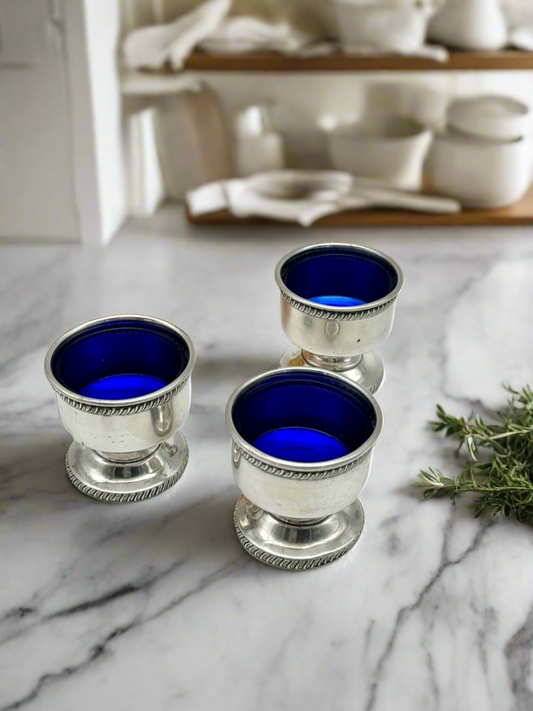 Set Of 3 Sterling Silver Footed Salt Cellars With Cobalt Glass Inserts