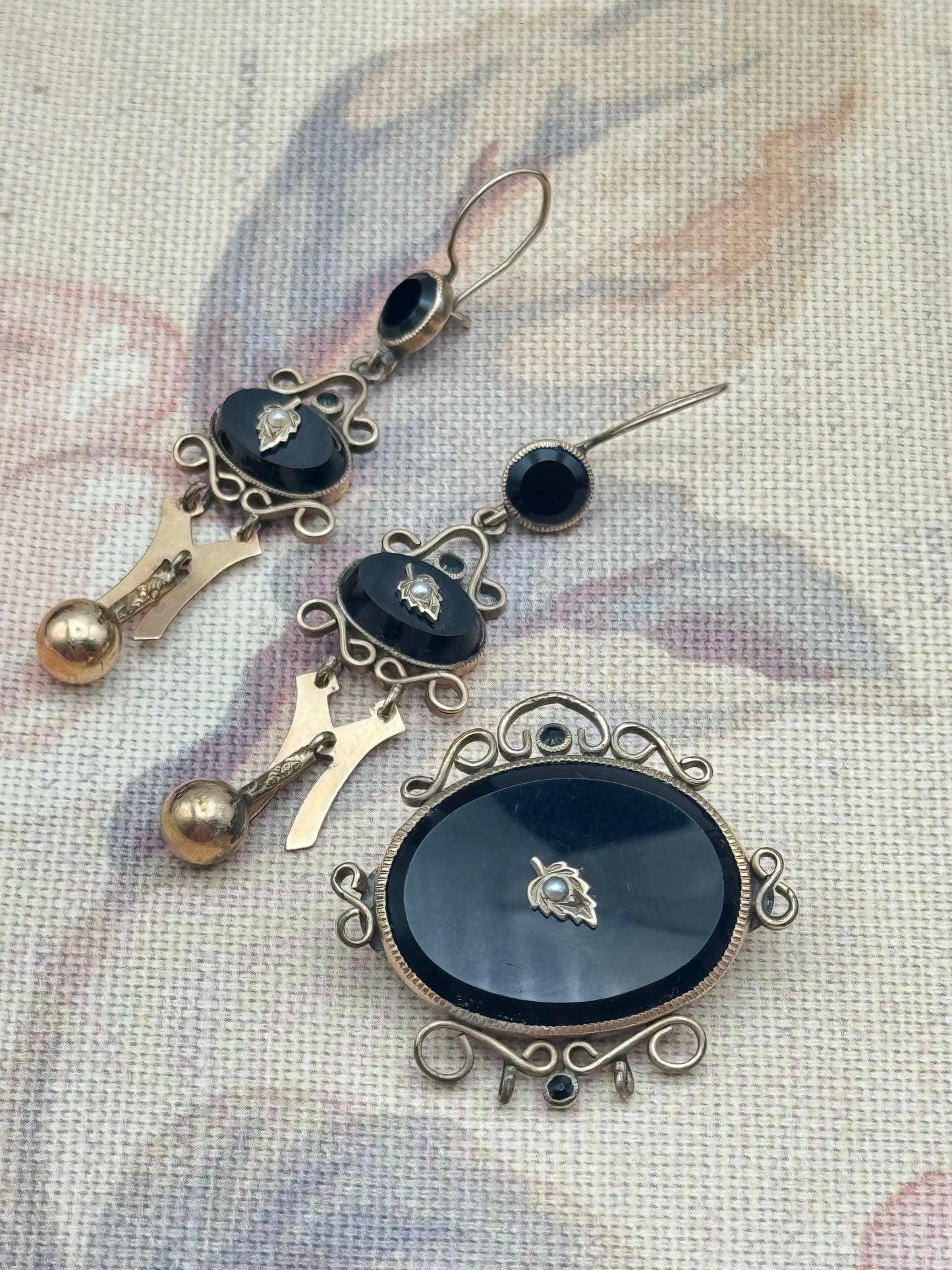 Victorian Gold-Filled Onyx & Seed Pearl Brooch & Earrings Set - Mourning