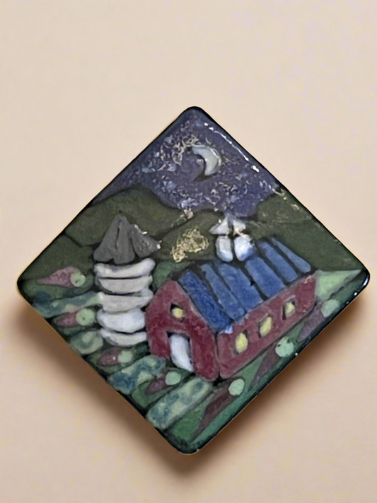 Farmhouse Brooch Artisan Mary Vaughn Ceramic Hand Made VINTAGE