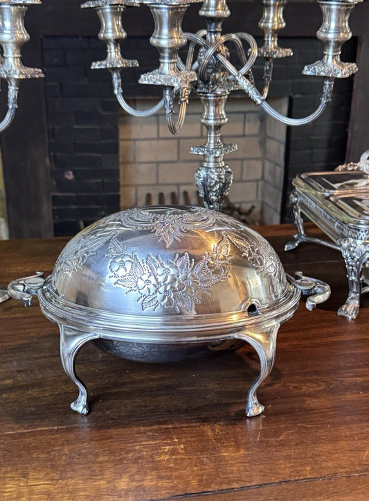 Roll Top Server Silverplate Repoussé English Floral Queen Anne Legs Covered Dish