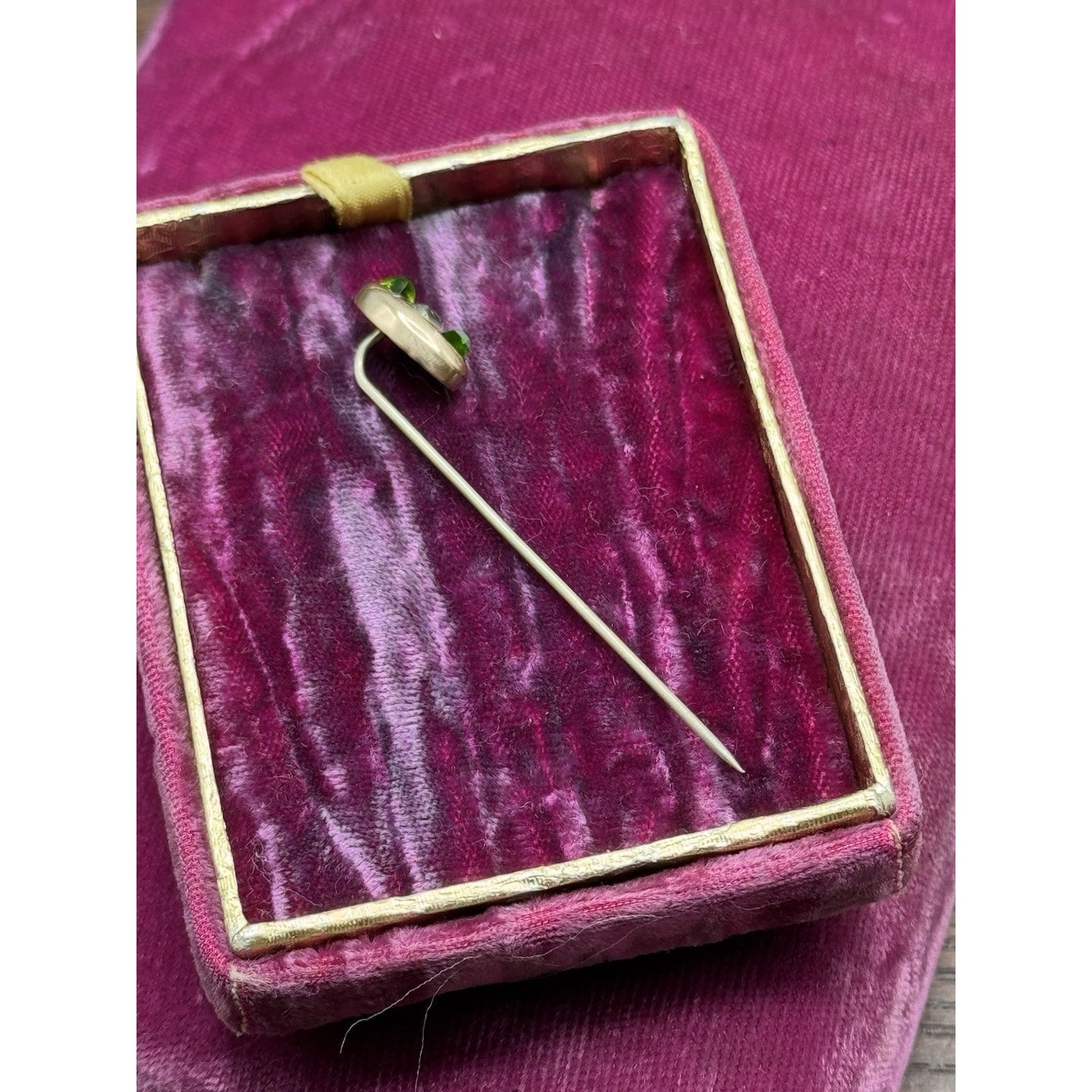 Vintage Gold Filled Stick Pin Green Clear Rhinestone Art Deco Style 2.5”