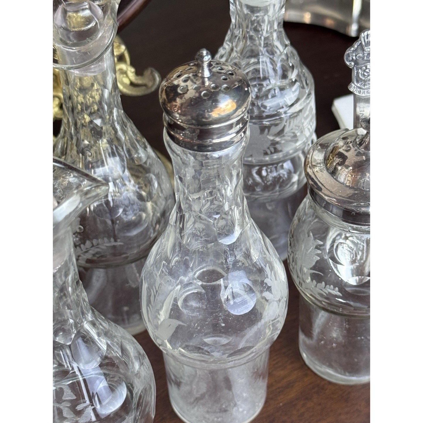 Antique Rogers Smith Silverplate Cruet Set Etched Glass 6 Bottles 13.5” Tall