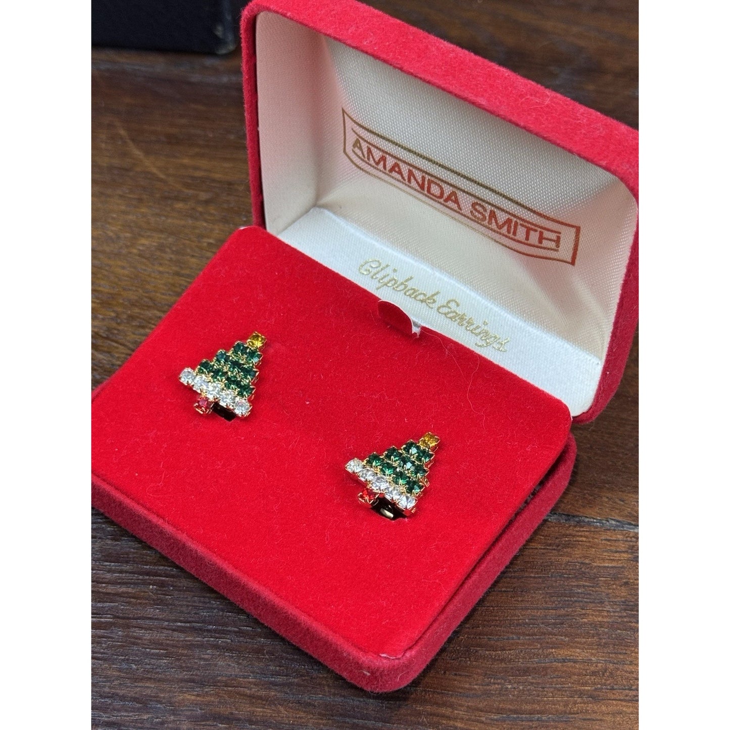 Christmas Tree Earrings .75” Clip On Goldtone Rhinestone Holiday Jewelry