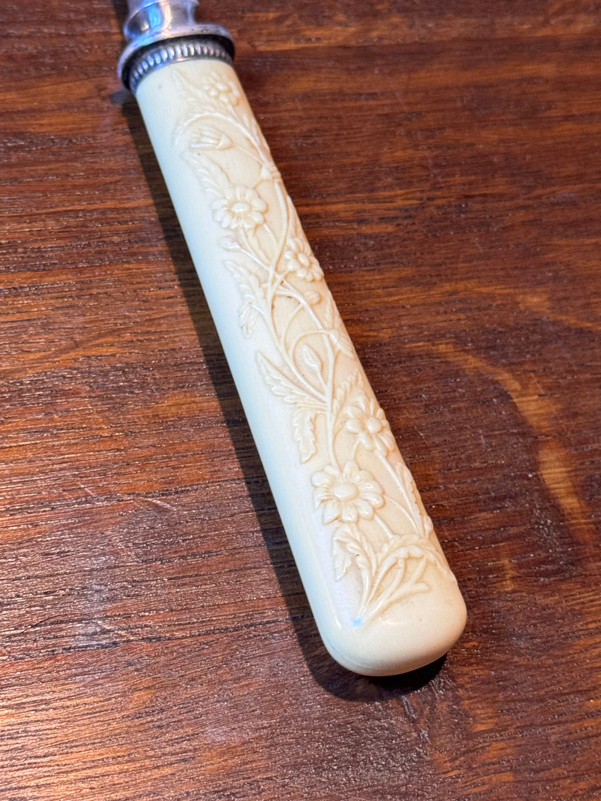 Antique Stilton Cheese Scoop Celluloid Floral Handle Silver Plate Serving Utensil