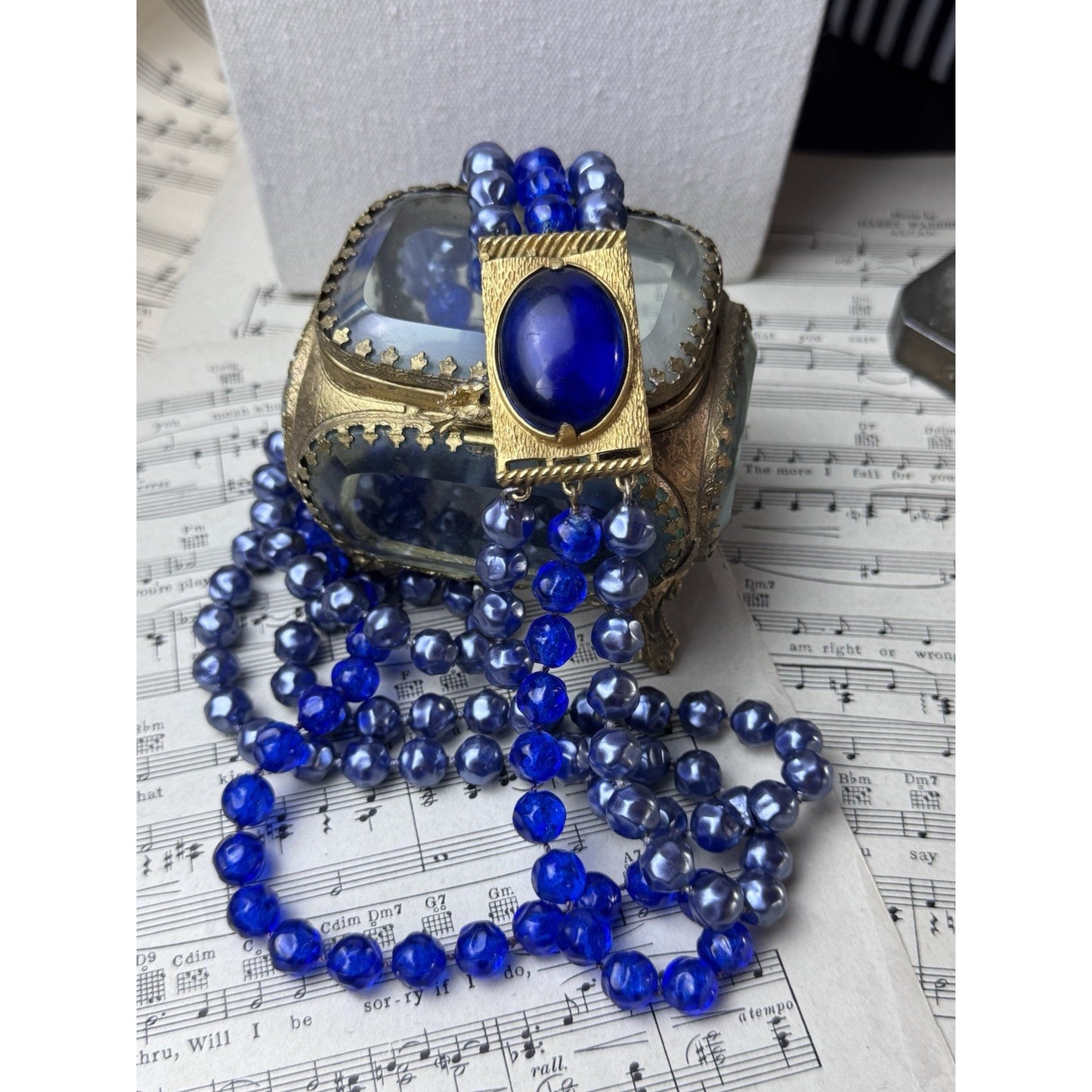 Vintage Blue Lucite Beaded Necklace Goldtone 3 Strand Statement 20”
