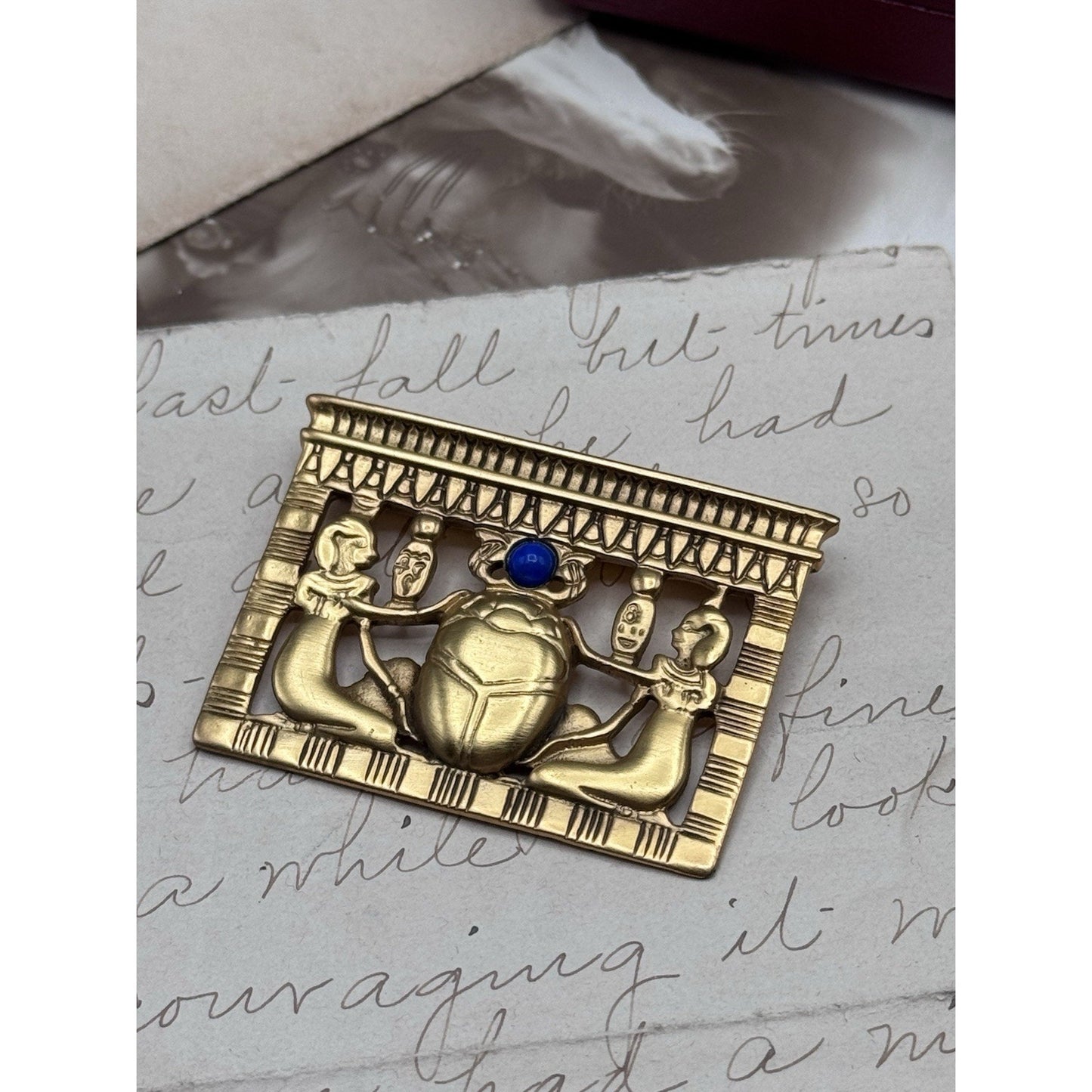 Egyptian Revival Goldtone Scarab Brooch Blue Cabochon 1.75” ESTATE FIND
