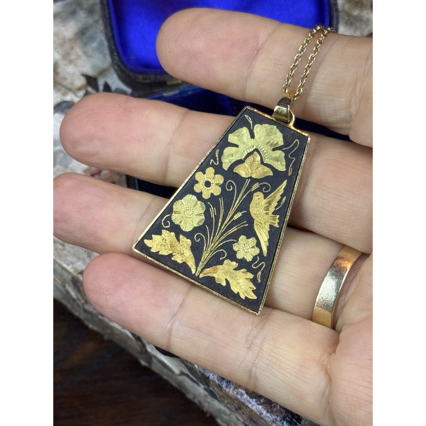 Vintage Damascene Bird Flower Pendant Necklace Gold Filled Chain 18”